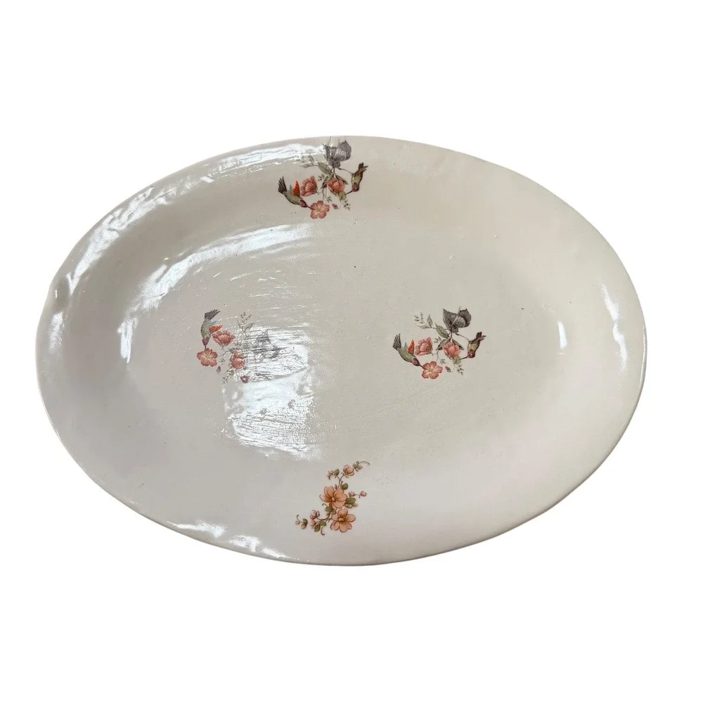 WHN Studio Pottery Hummingbird Floral Oval Serving Platter 13 Inch White 2012